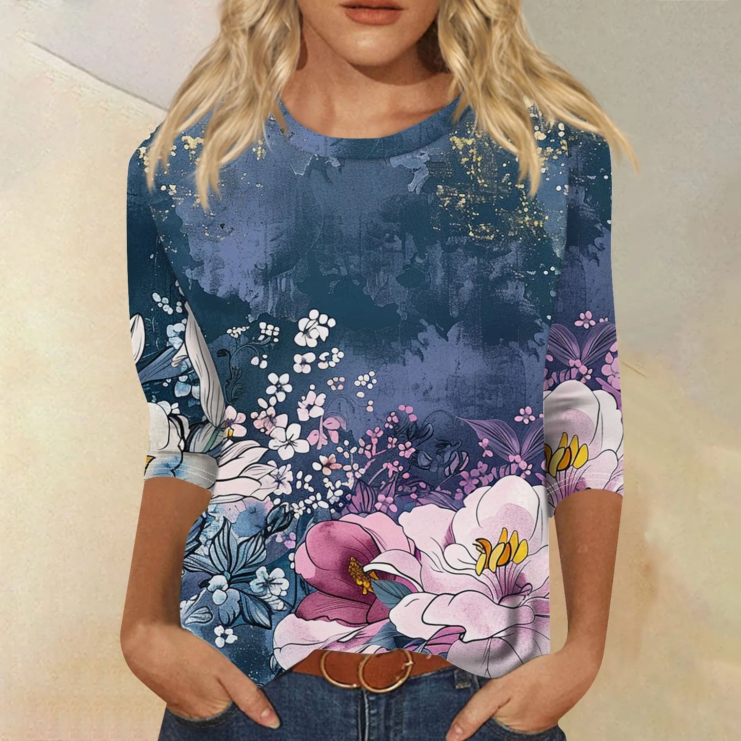Women's Floral Print Button 3/4 Sleeve Round Neck Casual Shirt Autumn Commuter Tops 2024