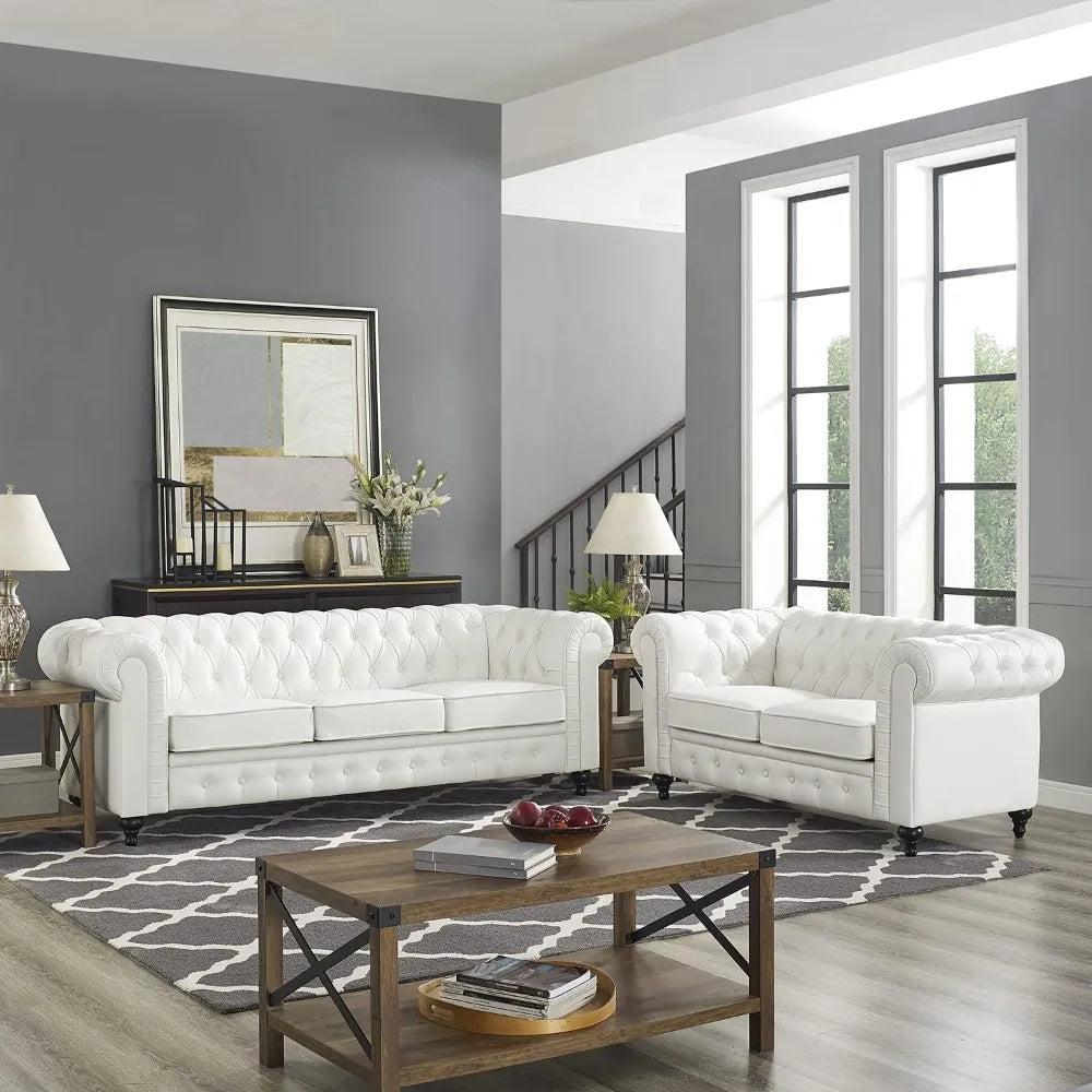 Chesterfield Sofa Set, Modern Double Leather Sofa Collection