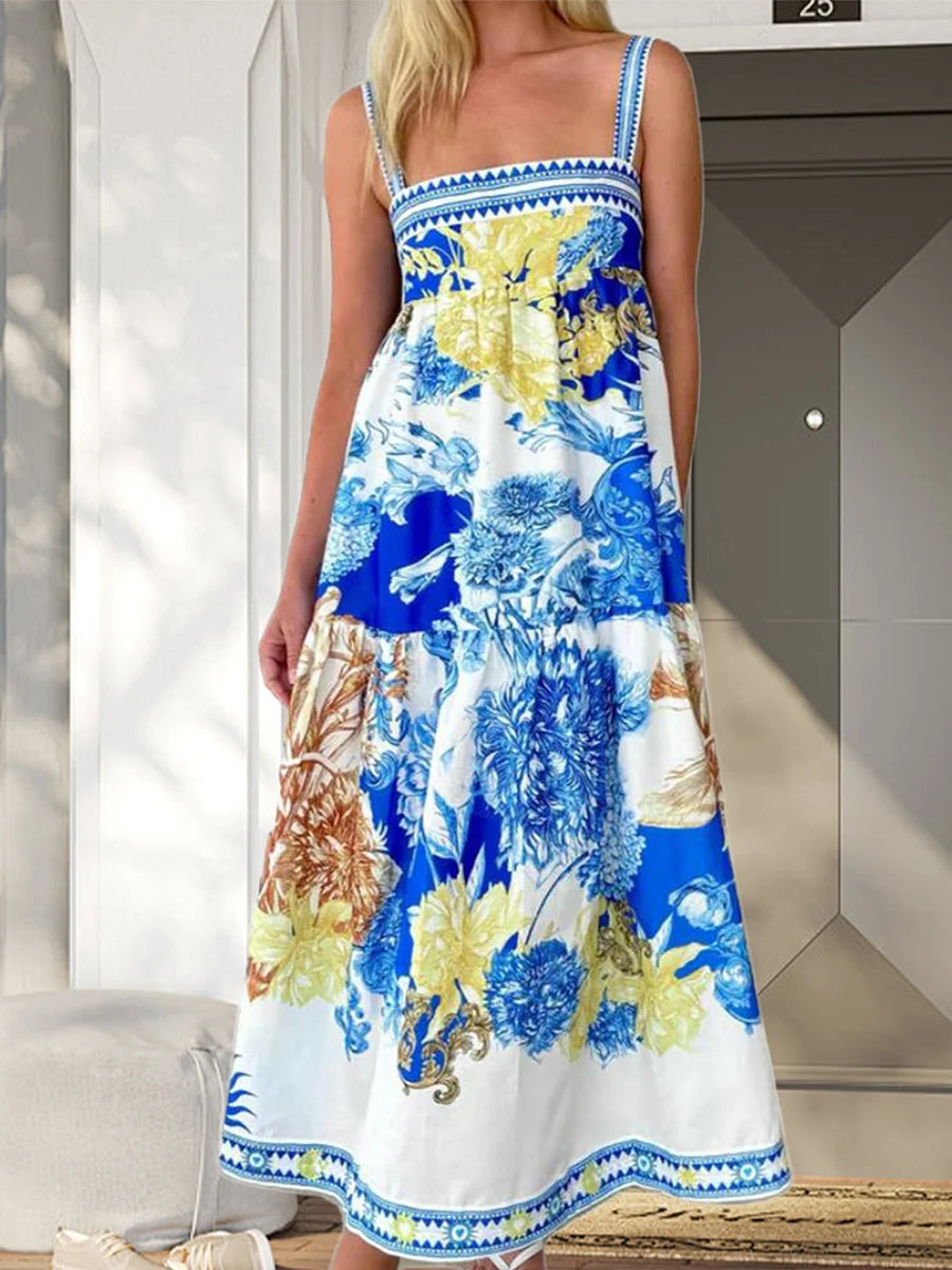 Women's Boho Maxi Dress Floral Print Sleeveless V Neck Backless Tie Dye Beach Dress Summer Casual Long Dress Fashion