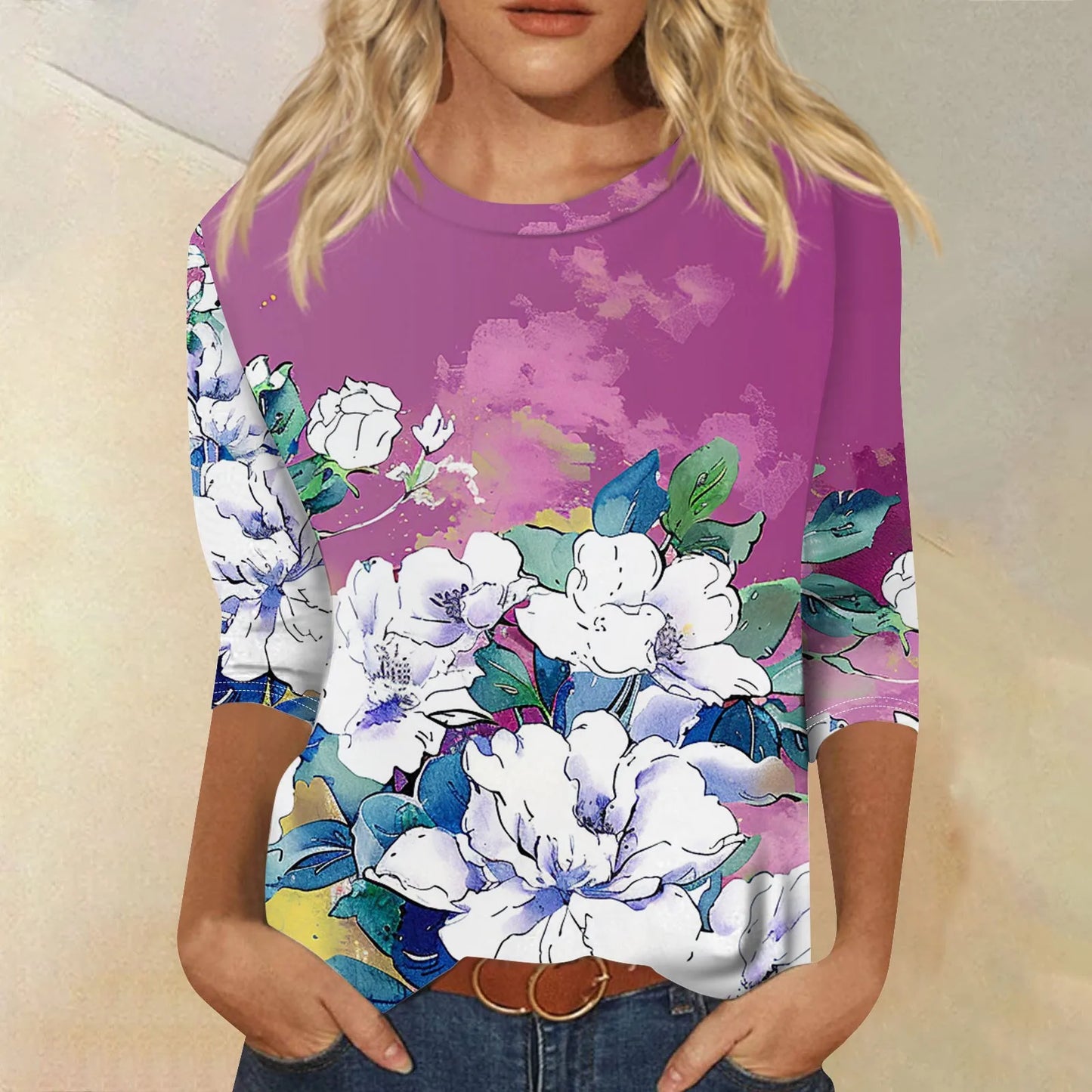 Women's Floral Print Button 3/4 Sleeve Round Neck Casual Shirt Autumn Commuter Tops 2024