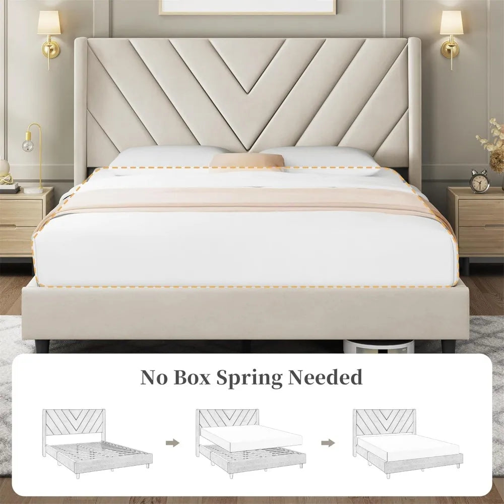 Queen Bed Frame Upholstered Platform Bed with Wing