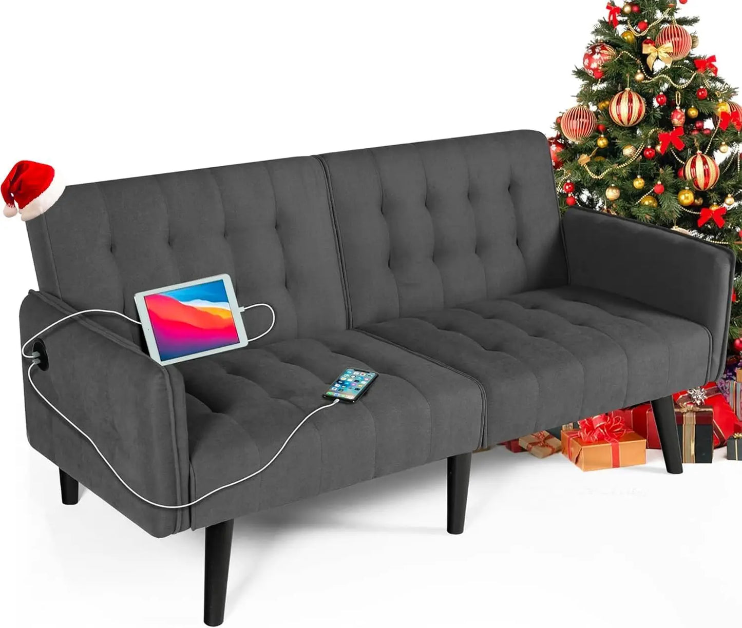 65“ Convertible Futon Sofa Bed w/ 2 USB