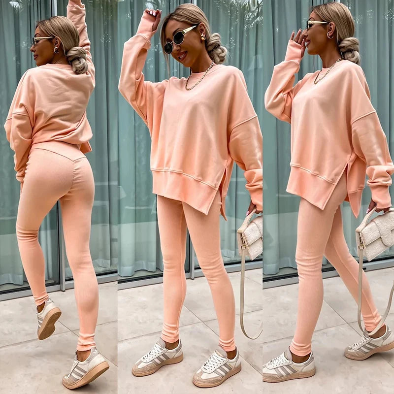 Women's Long Sleeve Solid Color Hoodie and Pants Casual Yoga Set for Outdoor Running and Fitness