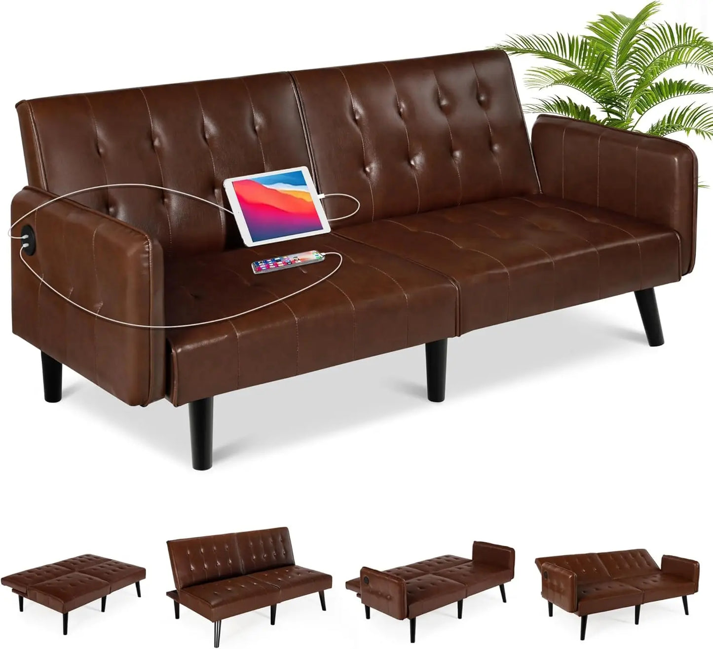 65“ Convertible Futon Sofa Bed w/ 2 USB