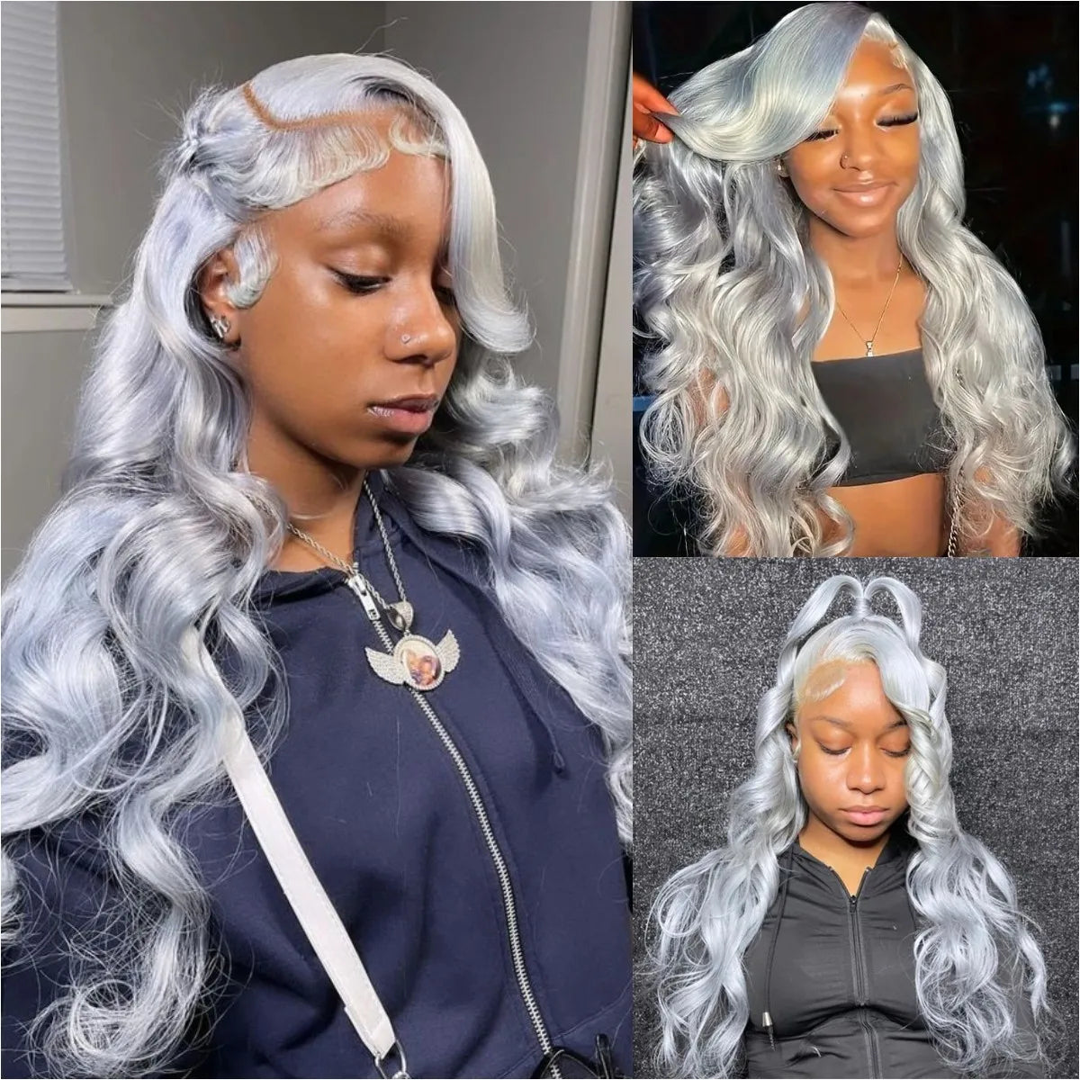 210 Density Silver Grey Body Wave Lace Wig Remy Human Hair