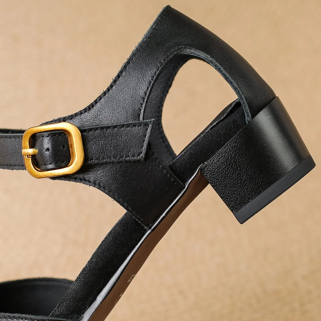 Women's Cow Leather Narrow Band Braided Sandals with Buckle Strap