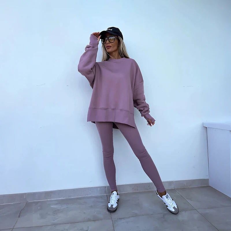 Women's Long Sleeve Solid Color Hoodie and Pants Casual Yoga Set for Outdoor Running and Fitness