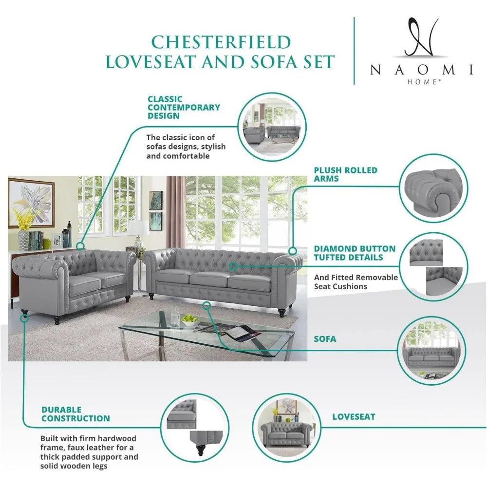 Chesterfield Sofa Set, Modern Double Leather Sofa Collection