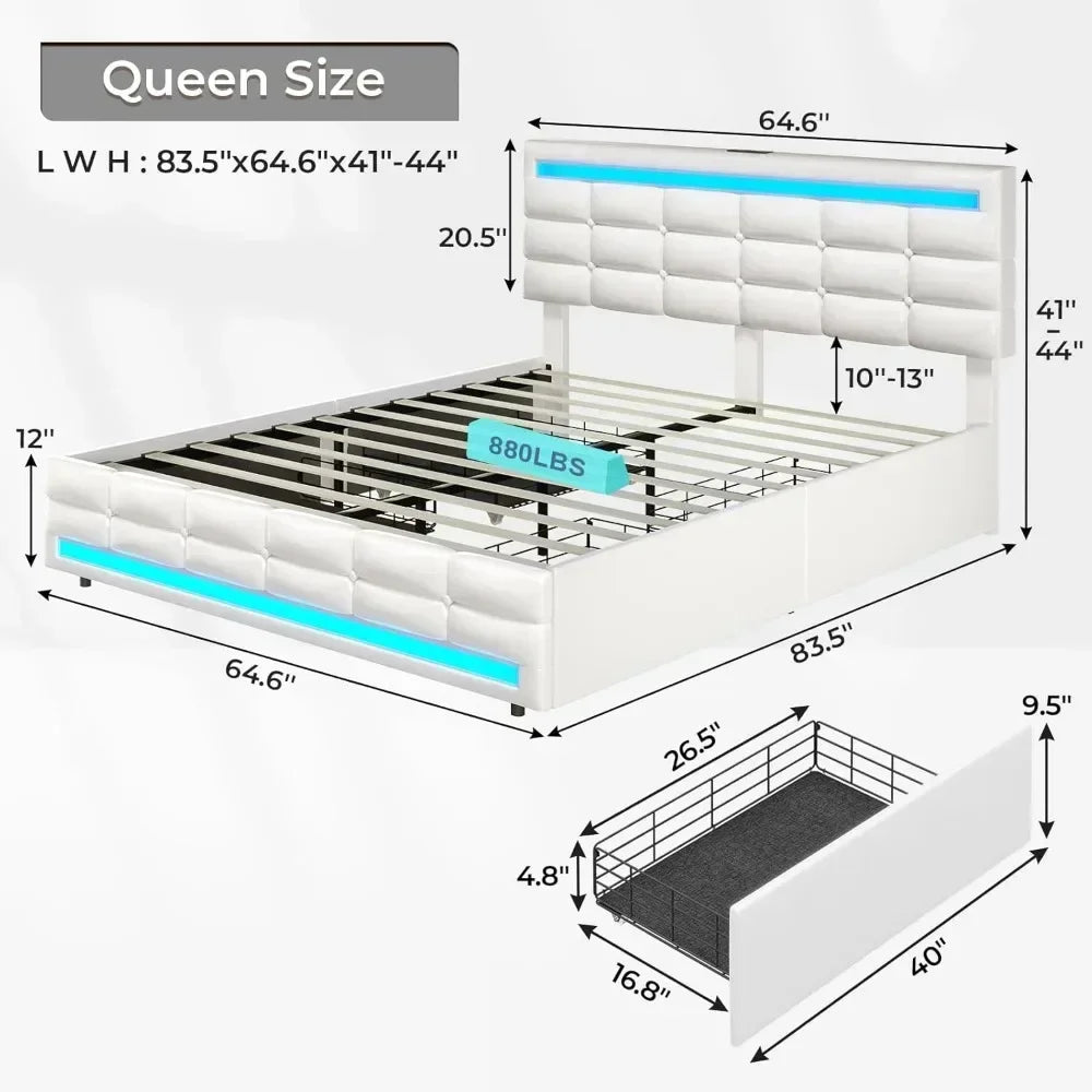 Bed Frame with Drawers, LED Bed Frame with Charging Station and Storage