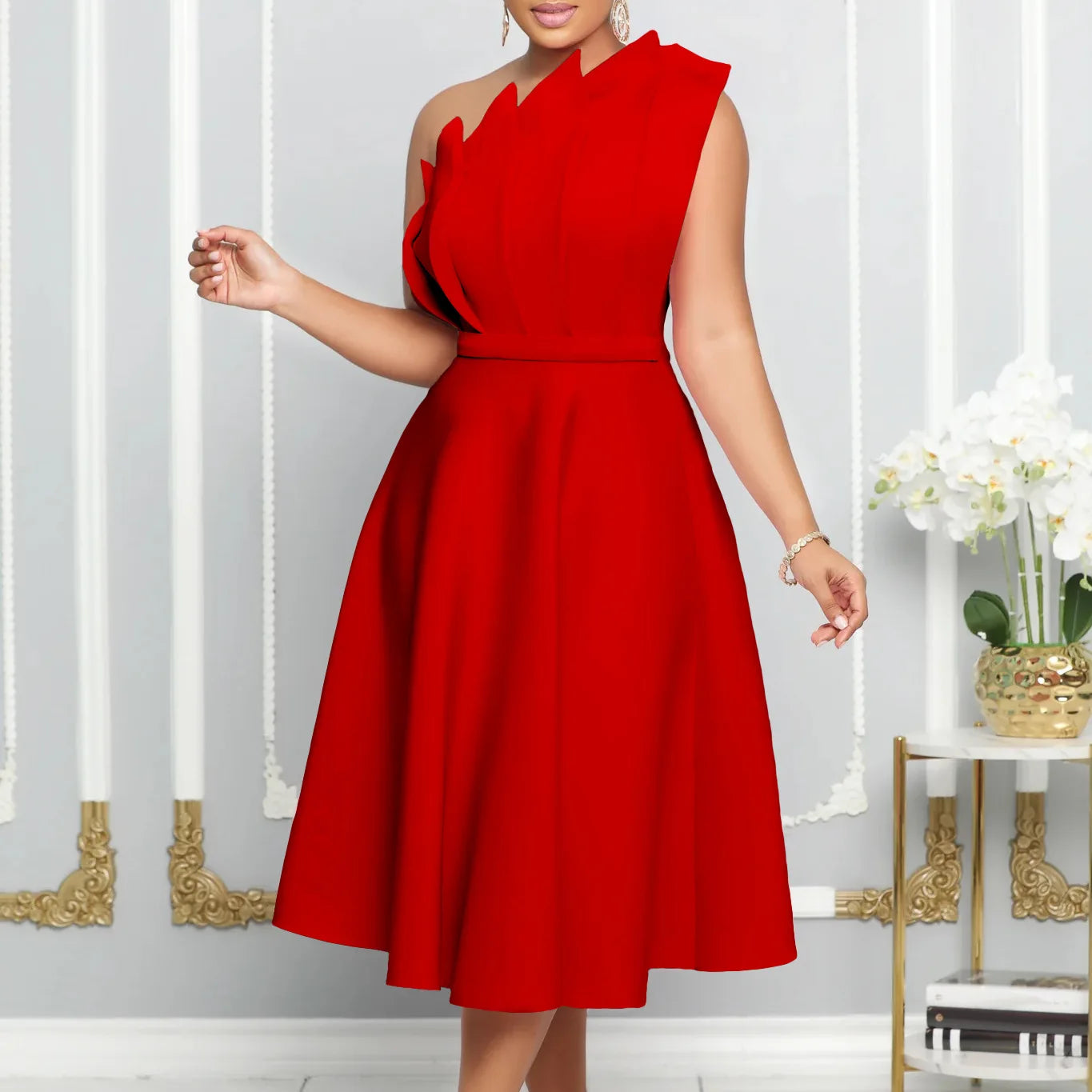 2025 New Arrival Elegant Plus Size One Shoulder Ruffle Patchwork Sleeveless Evening Party Dress