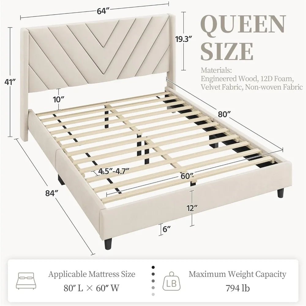 Queen Bed Frame Upholstered Platform Bed with Wing