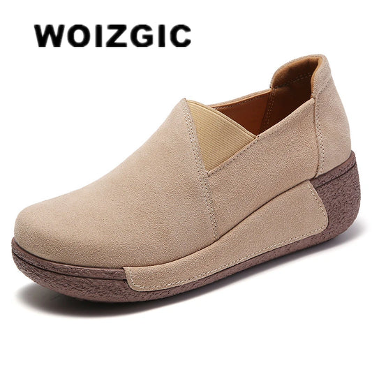 WOIZGIC Women Mother Female Genuine Leather Shoes Platform Flats Loafers
