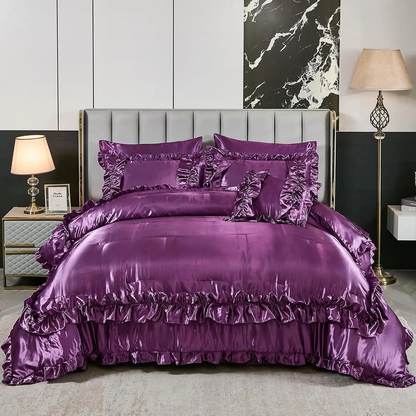 8 Pieces Silk Like Satin Comforter Set, Queen Size Bean with Sheet