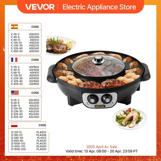 VEVOR 2 in 1 Electric Hot Pot BBQ Grill 2200W Multifunction