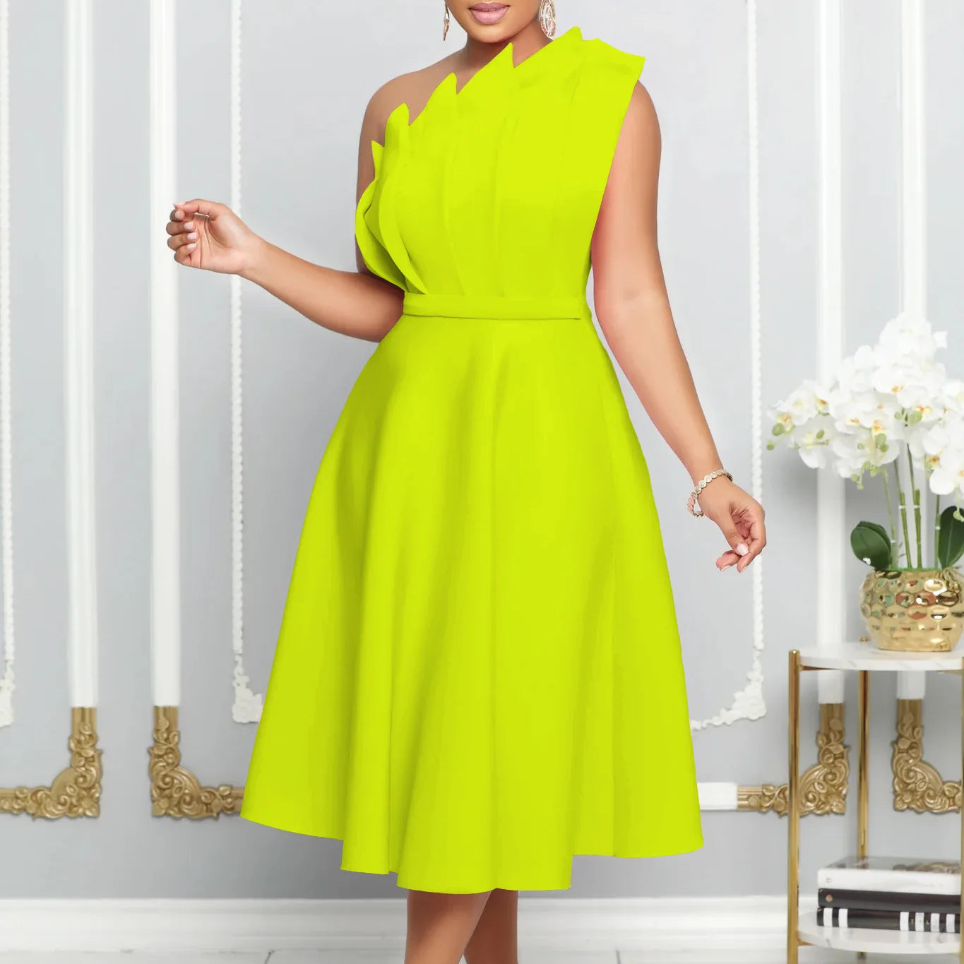 2025 New Arrival Elegant Plus Size One Shoulder Ruffle Patchwork Sleeveless Evening Party Dress
