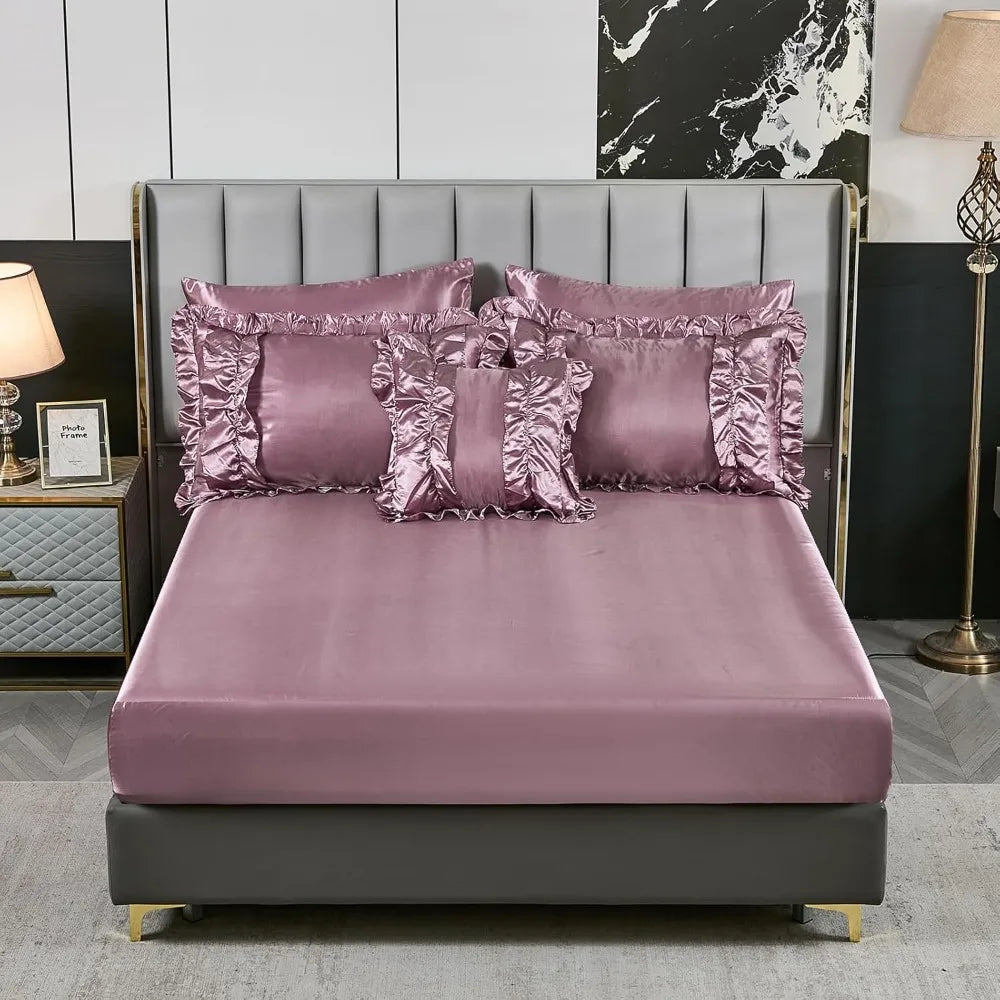8 Pieces Silk Like Satin Comforter Set, Queen Size Bean with Sheet