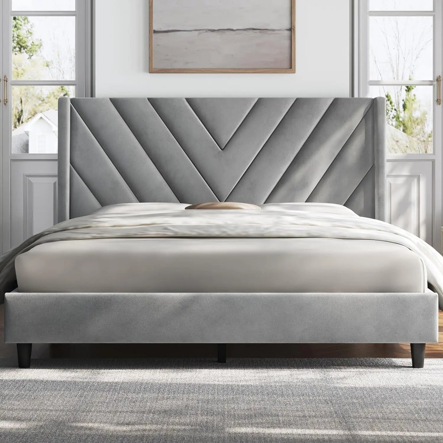 Queen Bed Frame Upholstered Platform Bed with Wing