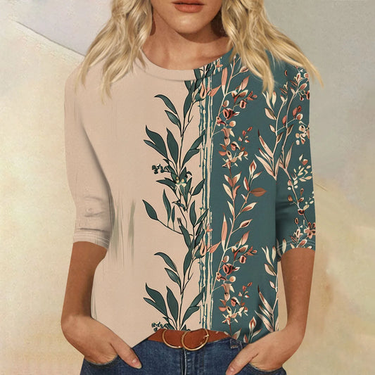 Women's Floral Print Button 3/4 Sleeve Round Neck Casual Shirt Autumn Commuter Tops 2024