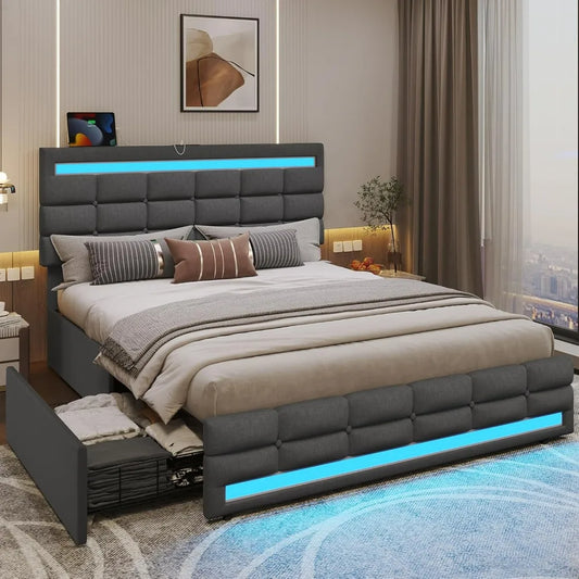 LED Full Size Bed Frame, LED Lights Headboard Footboard,