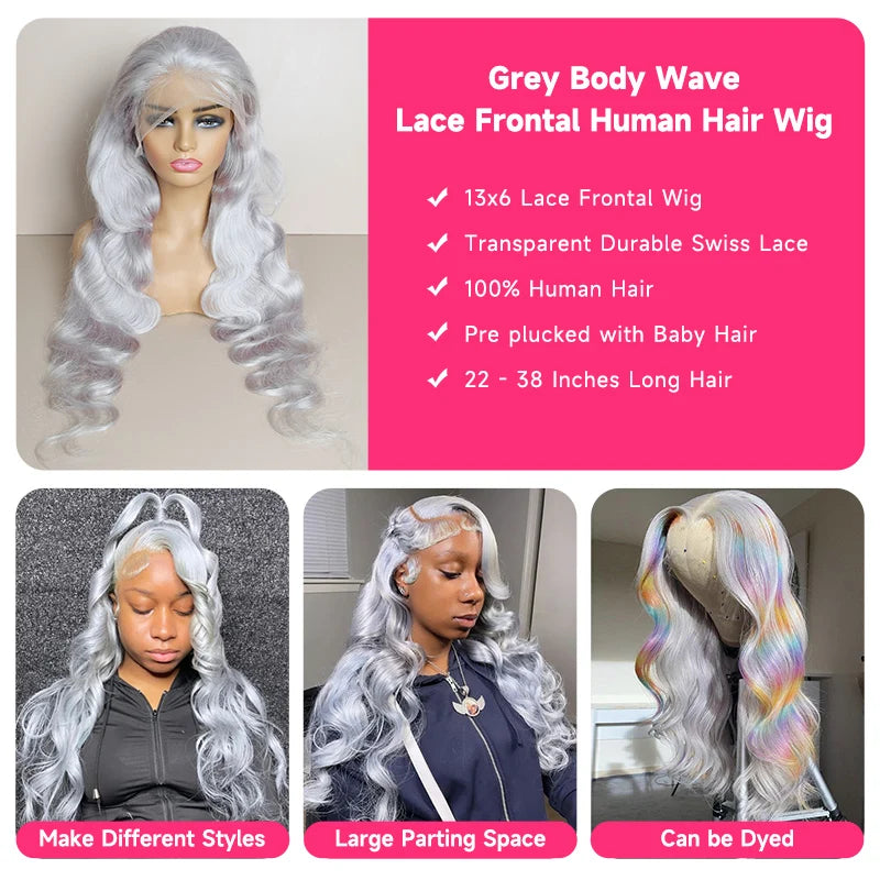 210 Density Silver Grey Body Wave Lace Wig Remy Human Hair