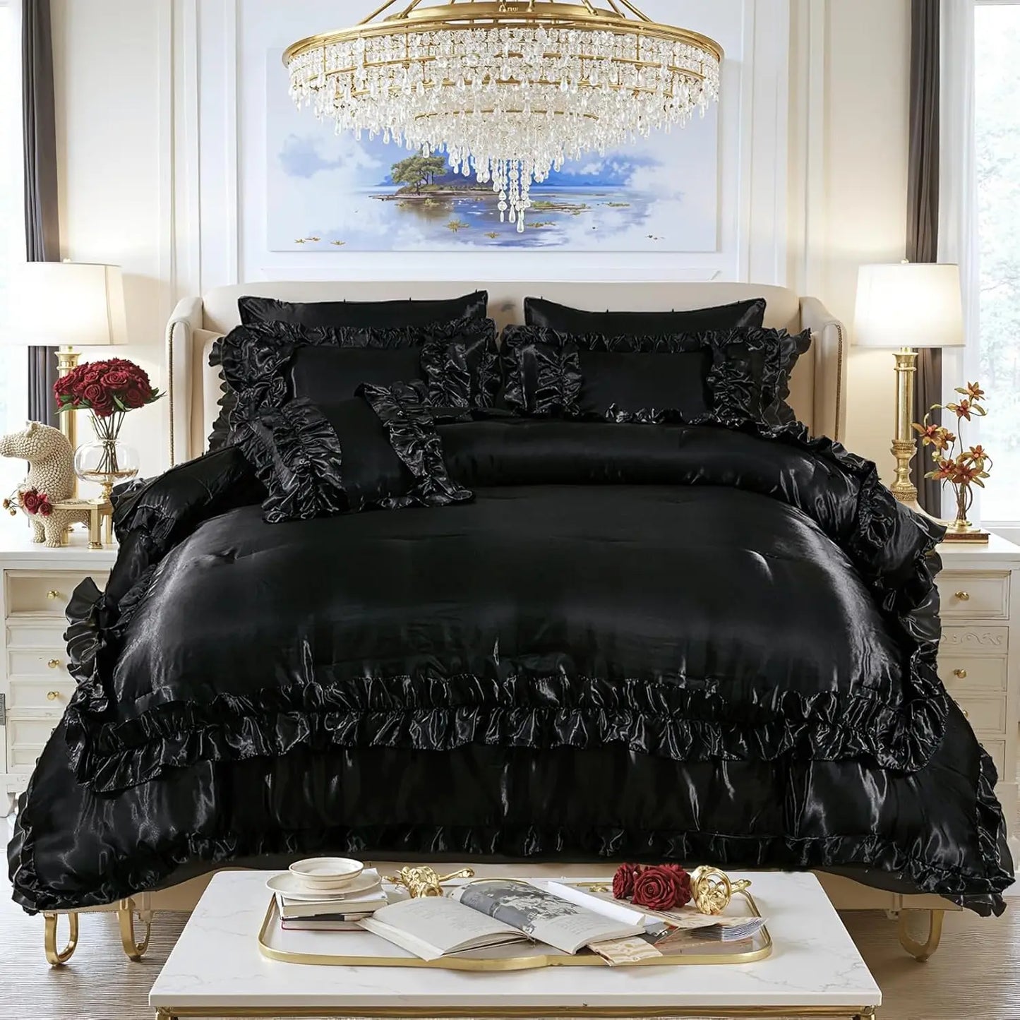 8 Pieces Silk Like Satin Comforter Set, Queen Size Bean with Sheet