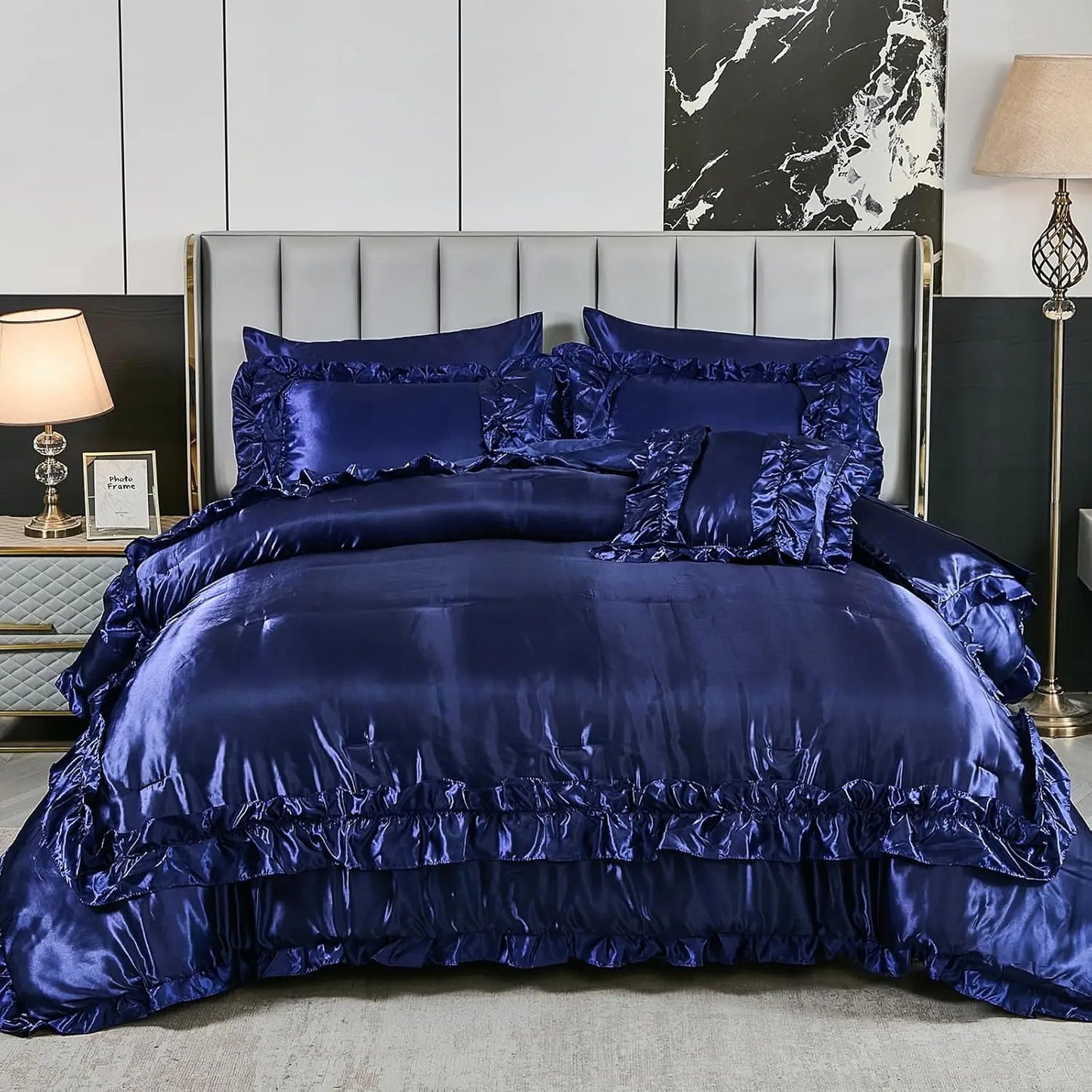 8 Pieces Silk Like Satin Comforter Set, Queen Size Bean with Sheet