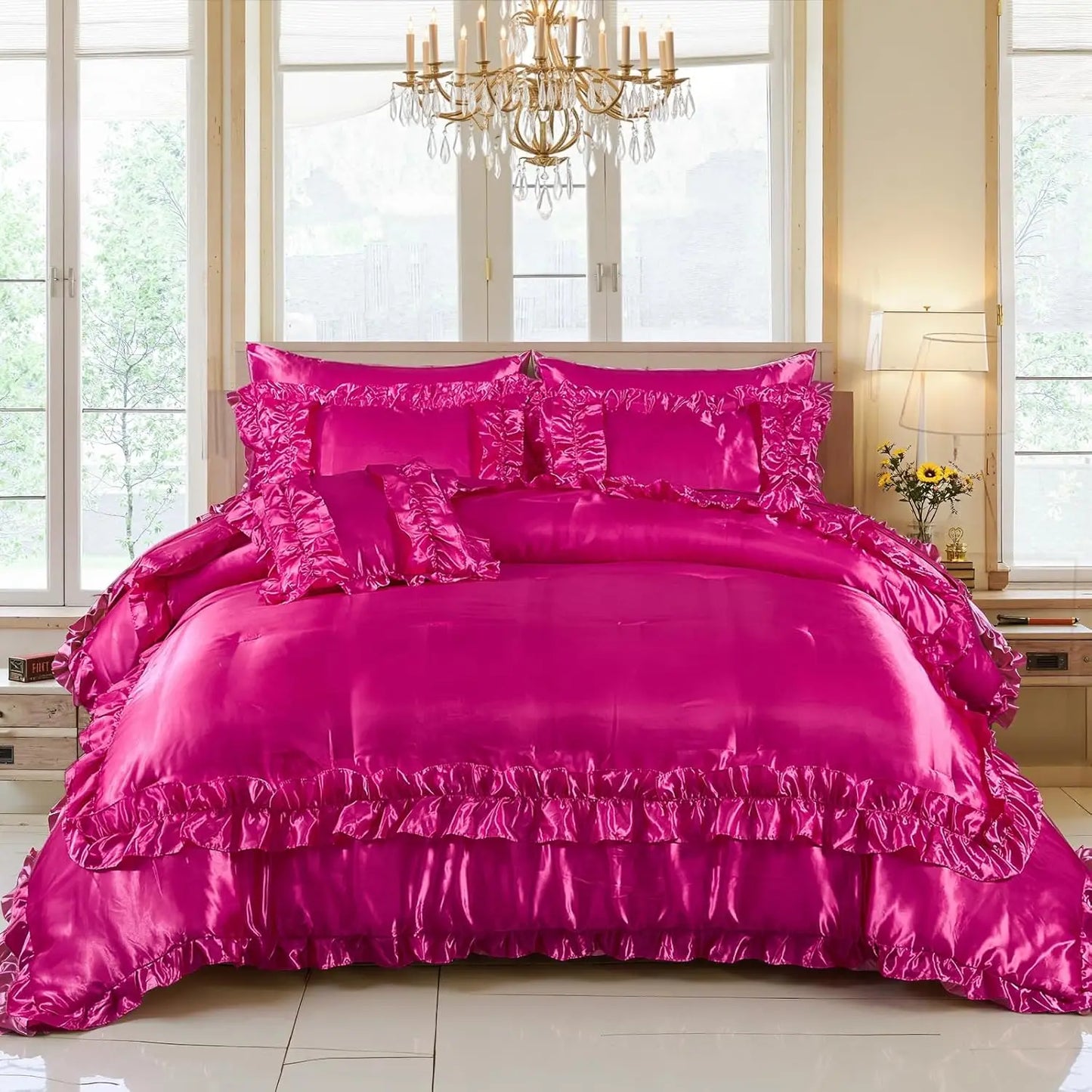 8 Pieces Silk Like Satin Comforter Set, Queen Size Bean with Sheet