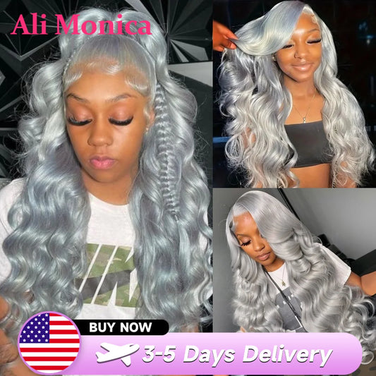 210 Density Silver Grey Body Wave Lace Wig Remy Human Hair