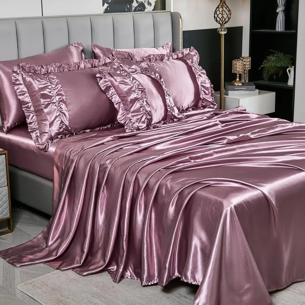 8 Pieces Silk Like Satin Comforter Set, Queen Size Bean with Sheet