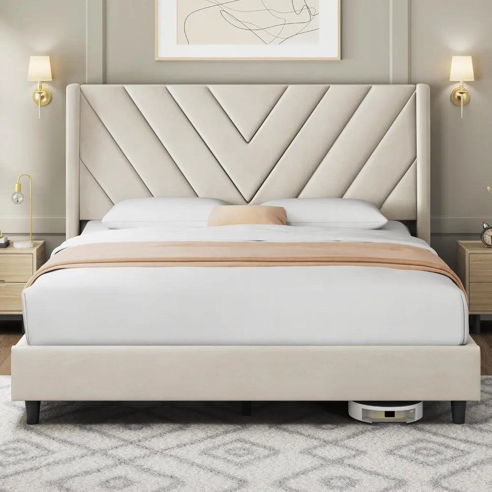 Queen Bed Frame Upholstered Platform Bed with Wing