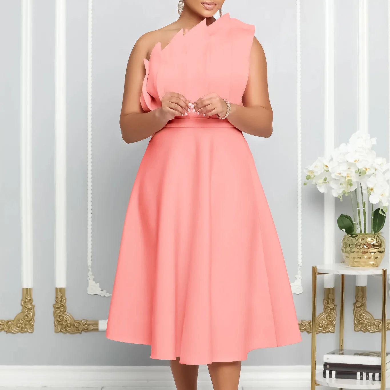 2025 New Arrival Elegant Plus Size One Shoulder Ruffle Patchwork Sleeveless Evening Party Dress