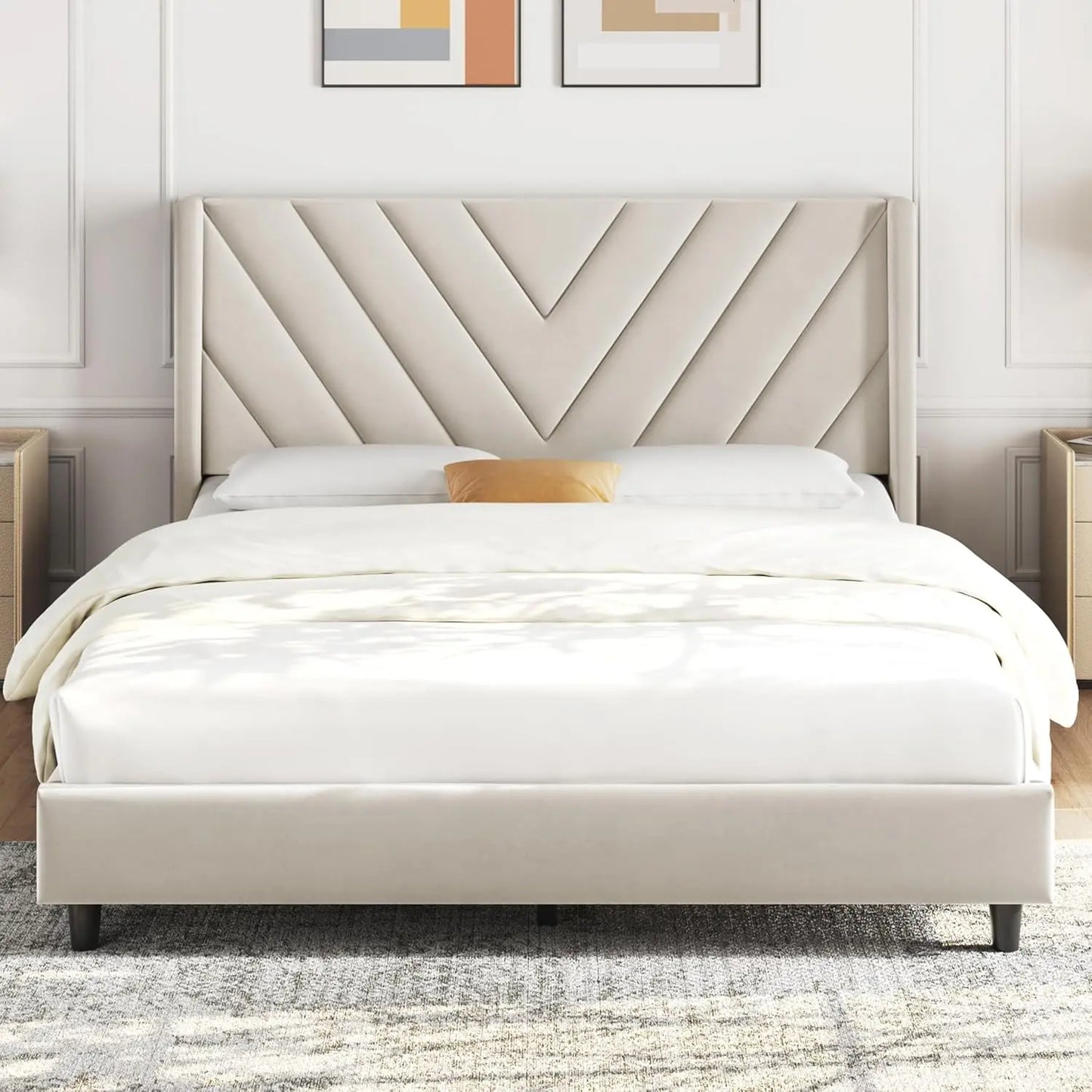 Queen Bed Frame Upholstered Platform Bed with Wing