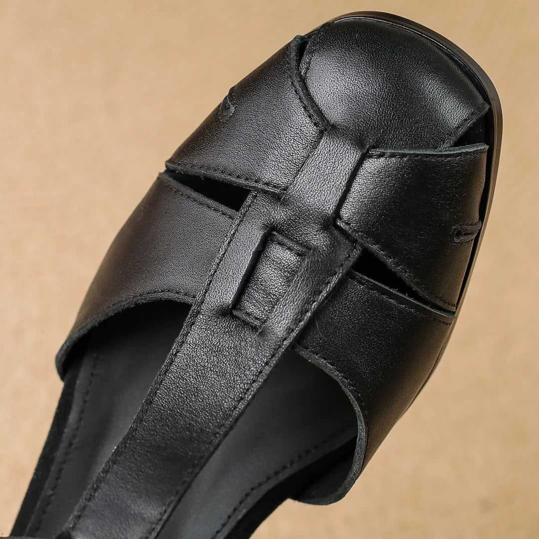 Women's Cow Leather Narrow Band Braided Sandals with Buckle Strap