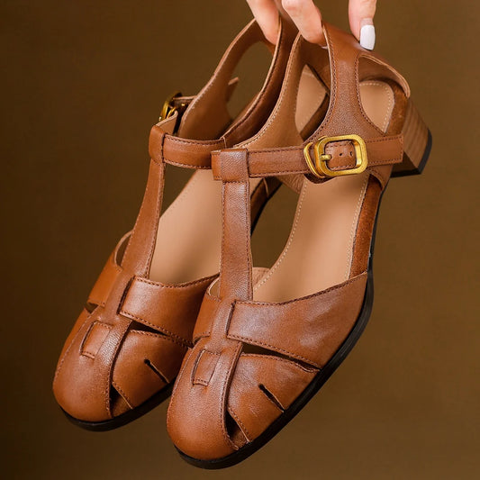 Women's Cow Leather Narrow Band Braided Sandals with Buckle Strap