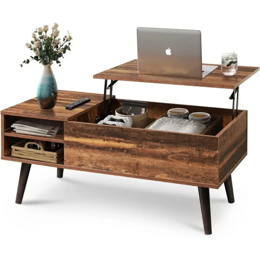 Wood Lift Top Coffee Table with Hidden Compartment and Adjustable Storage Shelf for Living Room