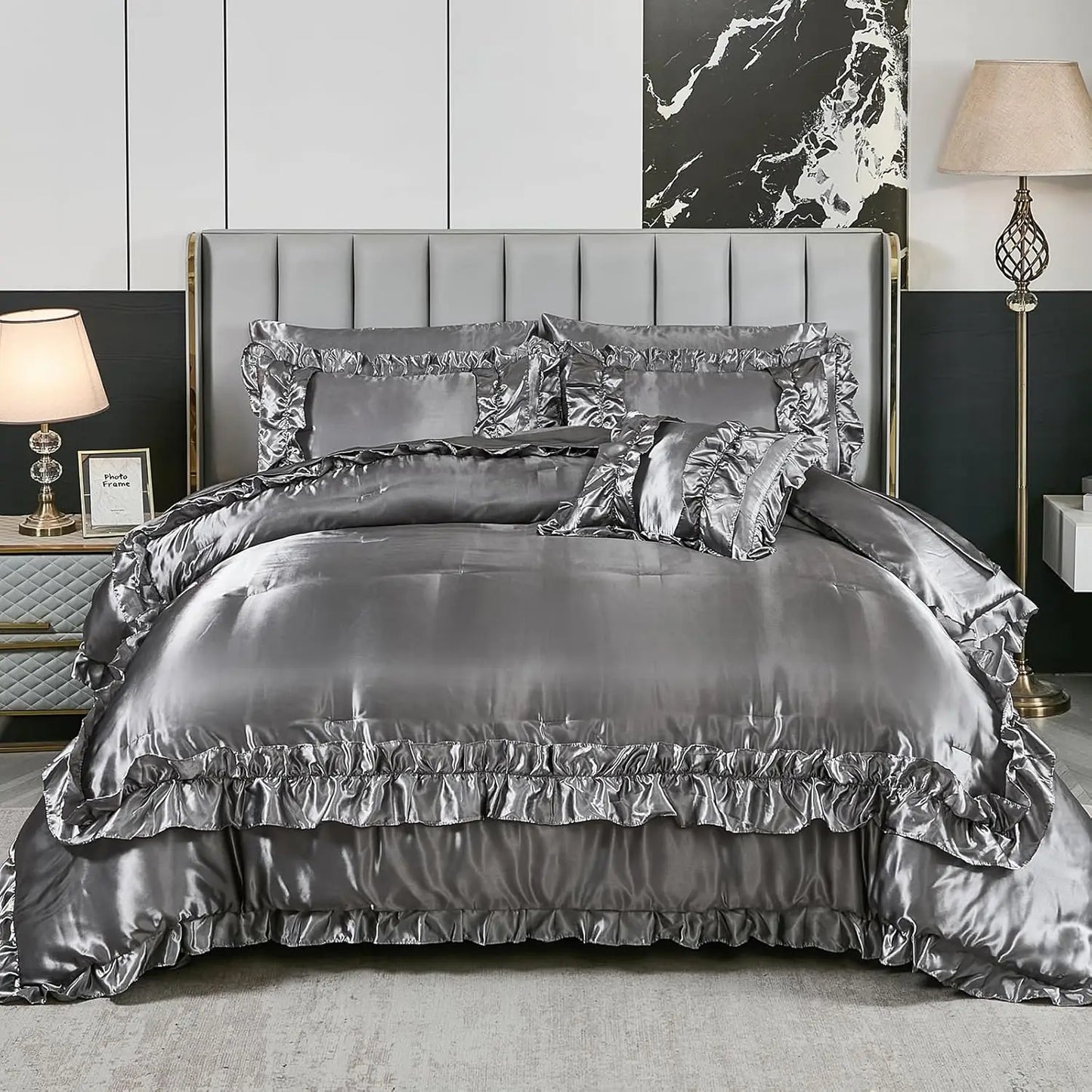 8 Pieces Silk Like Satin Comforter Set, Queen Size Bean with Sheet