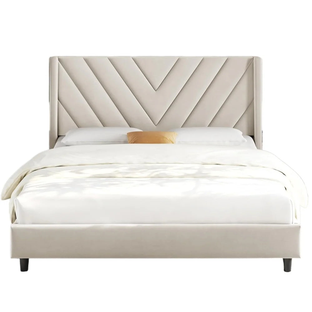 Queen Bed Frame Upholstered Platform Bed with Wing