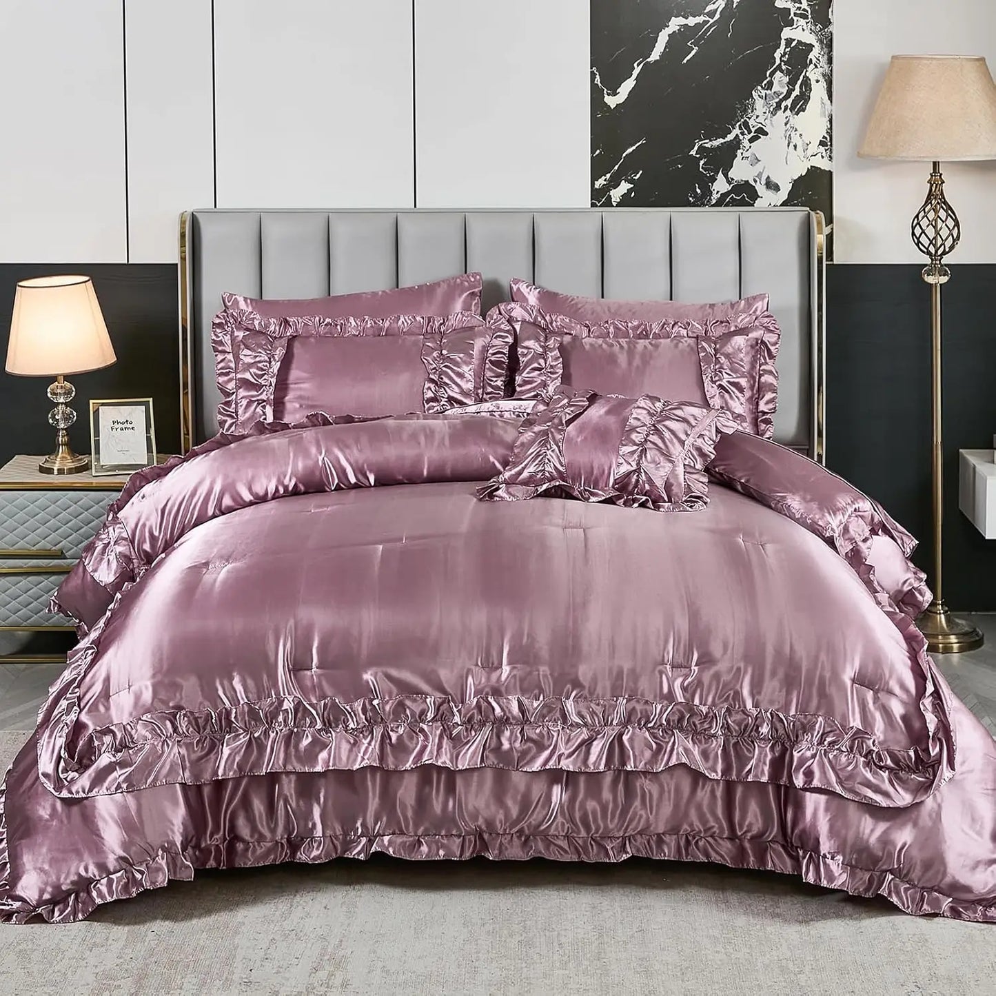 8 Pieces Silk Like Satin Comforter Set, Queen Size Bean with Sheet