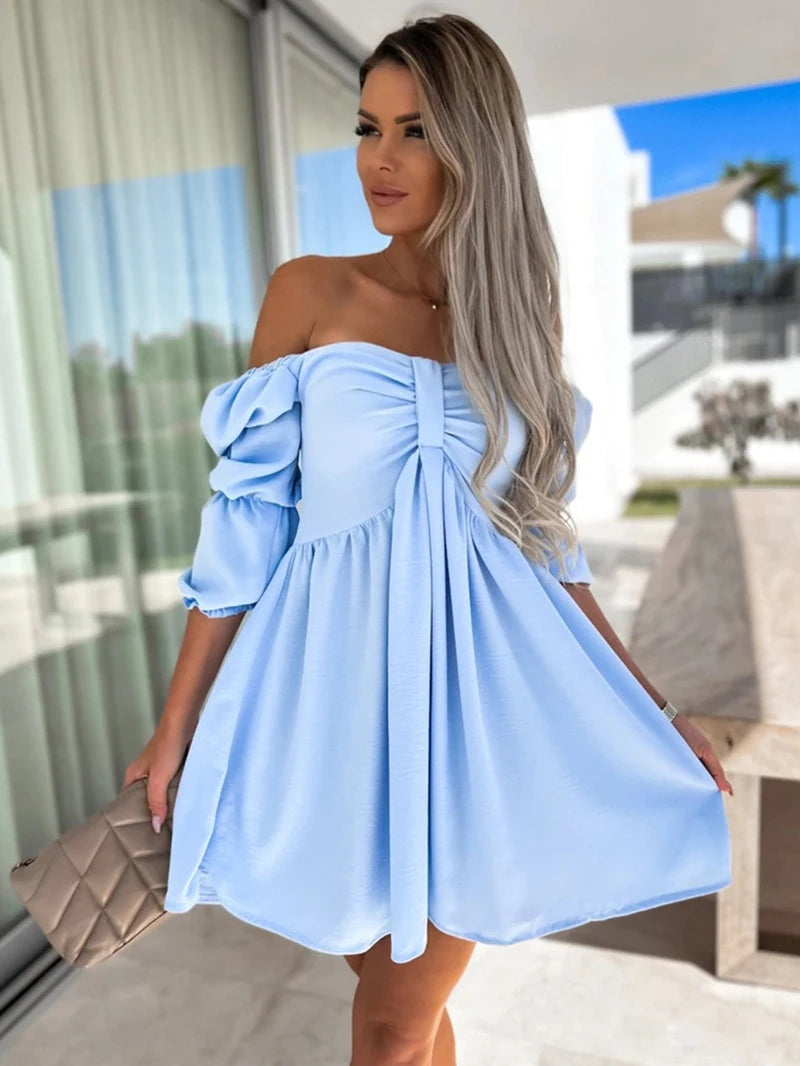 2025 Spring and Summer New Arrival Sexy Holiday Style One Word Collar Solid Color Strapless Short Dress Light Blue