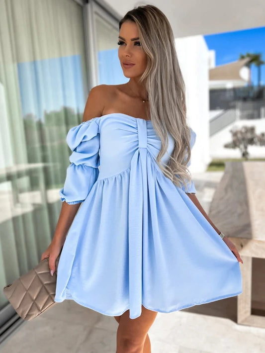 2025 Spring and Summer New Arrival Sexy Holiday Style One Word Collar Solid Color Strapless Short Dress Light Blue