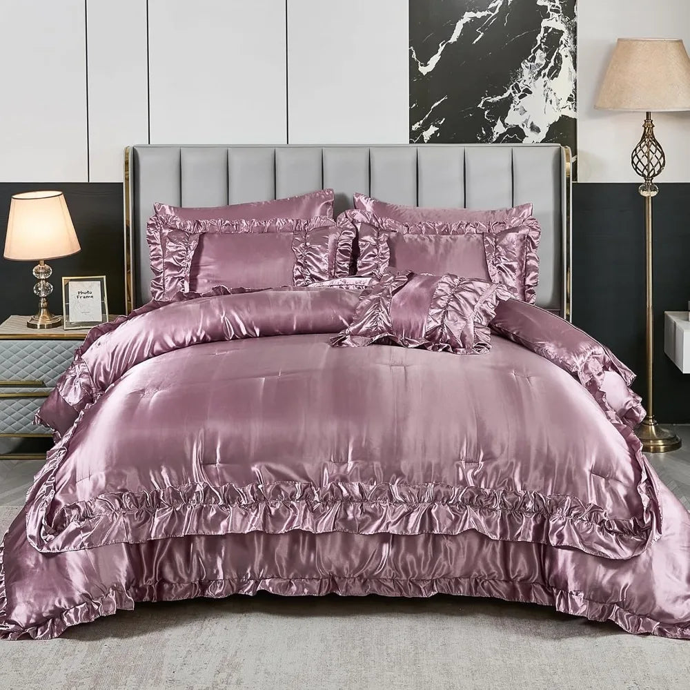 8 Pieces Silk Like Satin Comforter Set, Queen Size Bean with Sheet