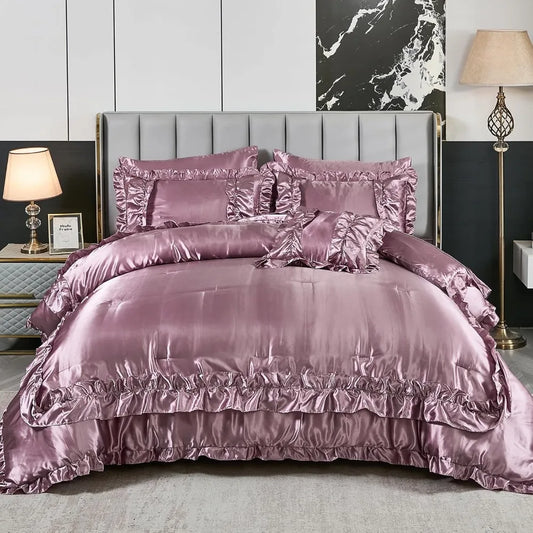 8 Pieces Silk Like Satin Comforter Set, Queen Size Bean with Sheet