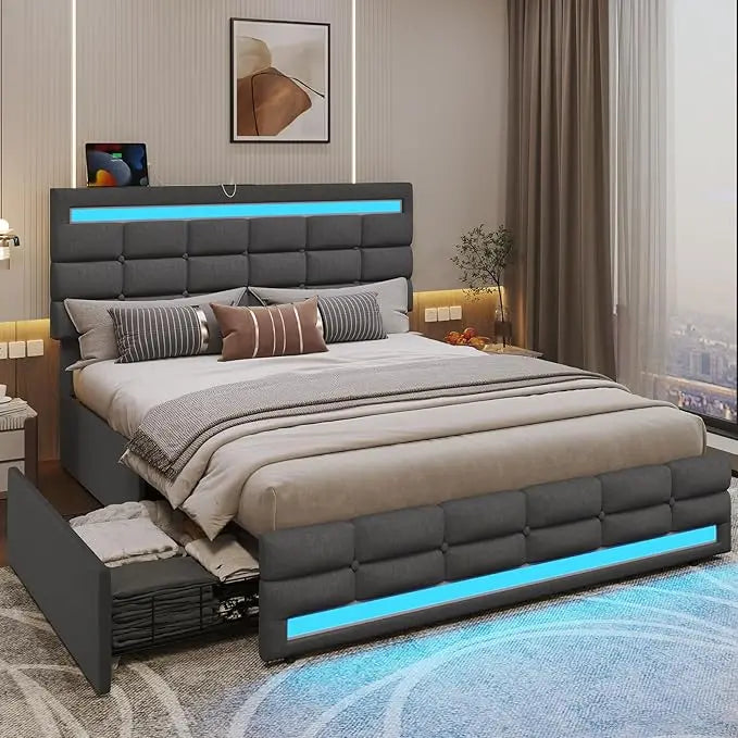 Bed Frame with Drawers, LED Bed Frame with Charging Station and Storage