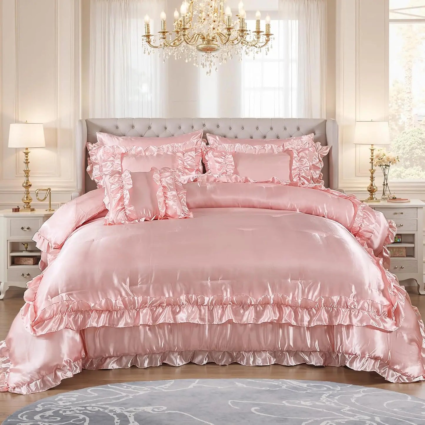 8 Pieces Silk Like Satin Comforter Set, Queen Size Bean with Sheet