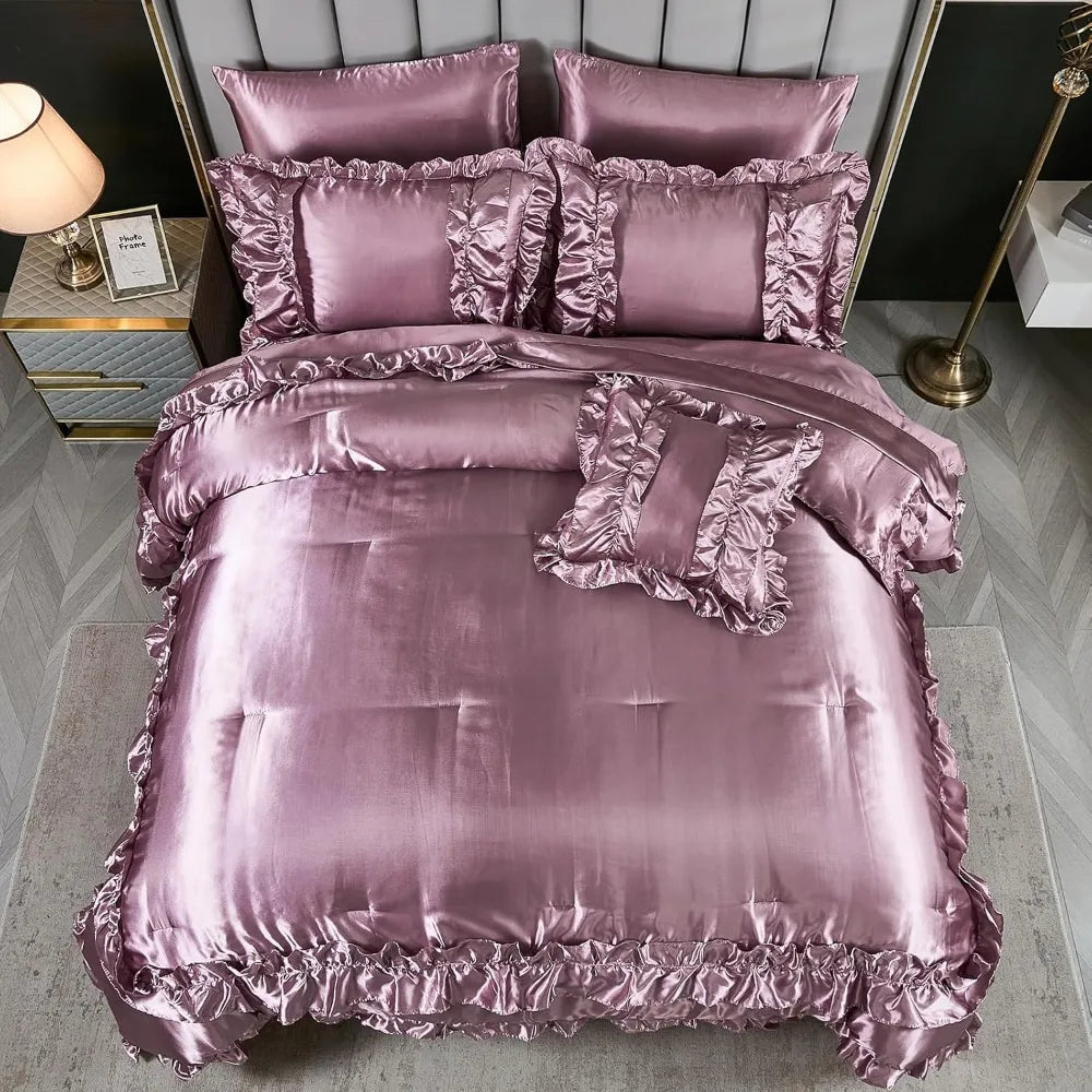 8 Pieces Silk Like Satin Comforter Set, Queen Size Bean with Sheet