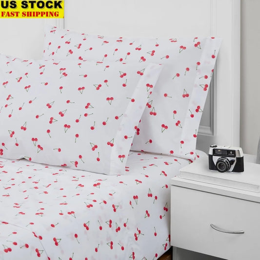 Cherries Cotton Percale Full Sheet Set Lightweight Breathable Fitted Flat