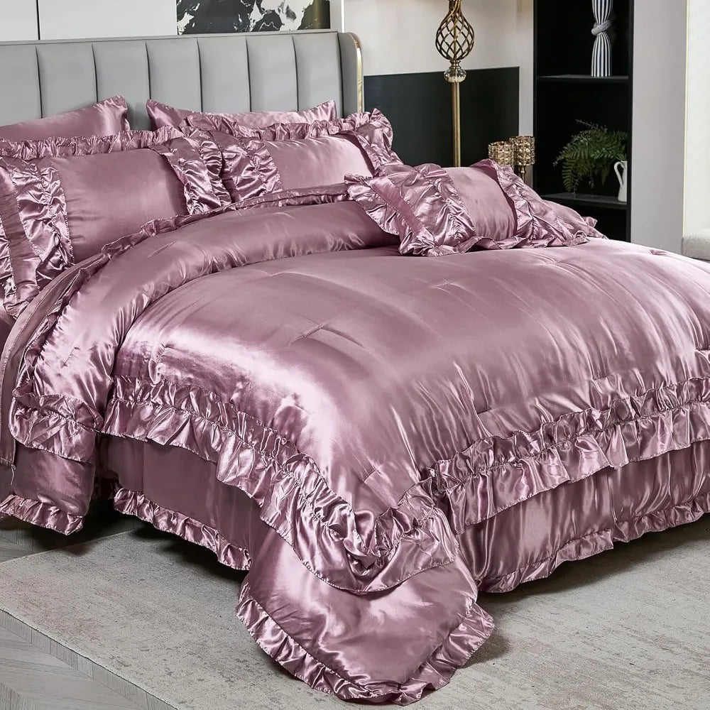 8 Pieces Silk Like Satin Comforter Set, Queen Size Bean with Sheet