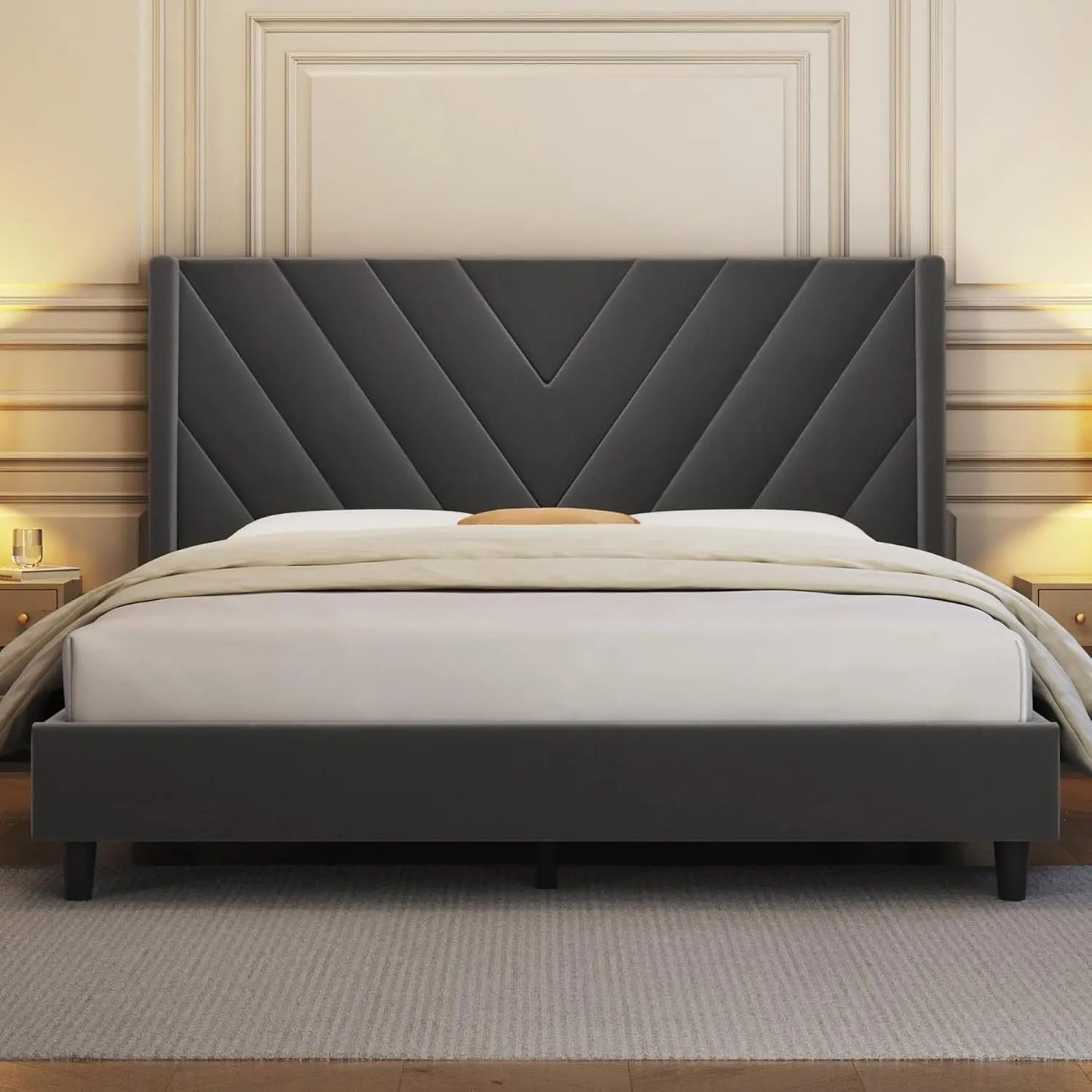 Queen Bed Frame Upholstered Platform Bed with Wing